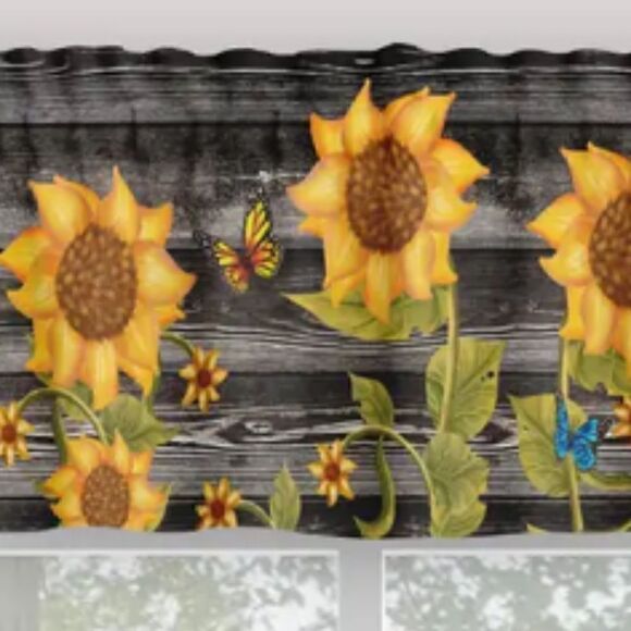 NEW! Farmhouse Trendy Wood Grain Look Sunflower Window Valance Country Cottage - Picture 4 of 4